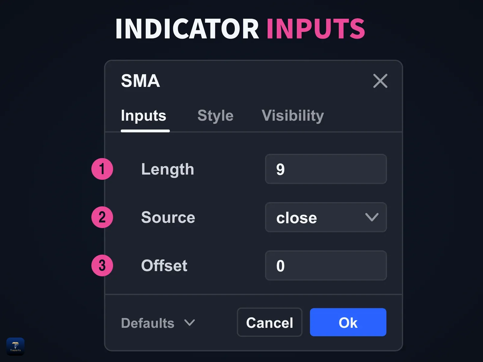 پنجره تنظیمات SMA در تریدینگ ویو با سه ورودی Length، Source و Offset در تب Inputs